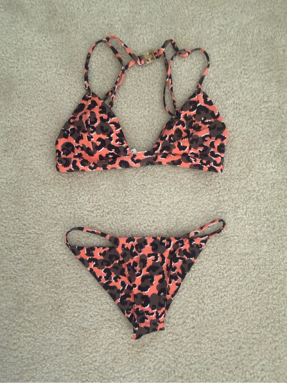 Coral/Orange Leopard Print Triangle Bikini Top and Bottom